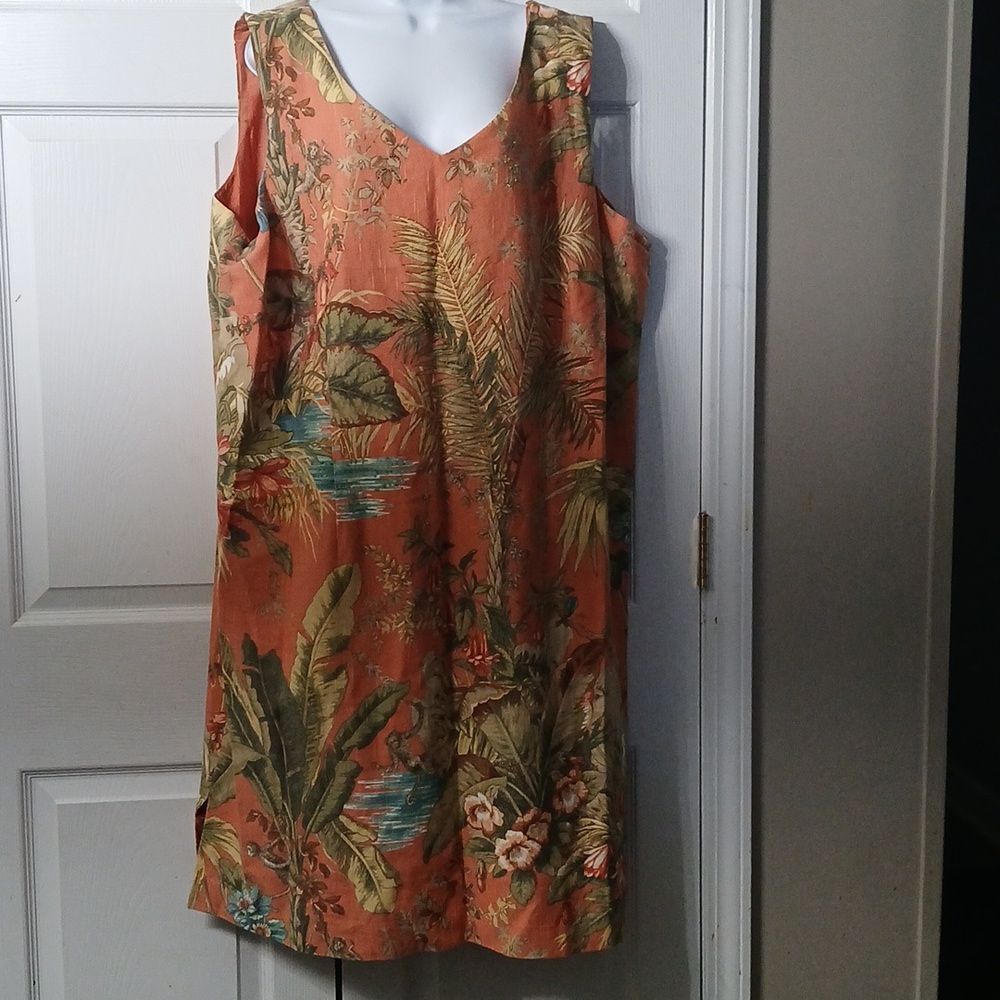 Talbots vintage tropical jungle print sleeveless dress palm trees monkeys Sz 24W